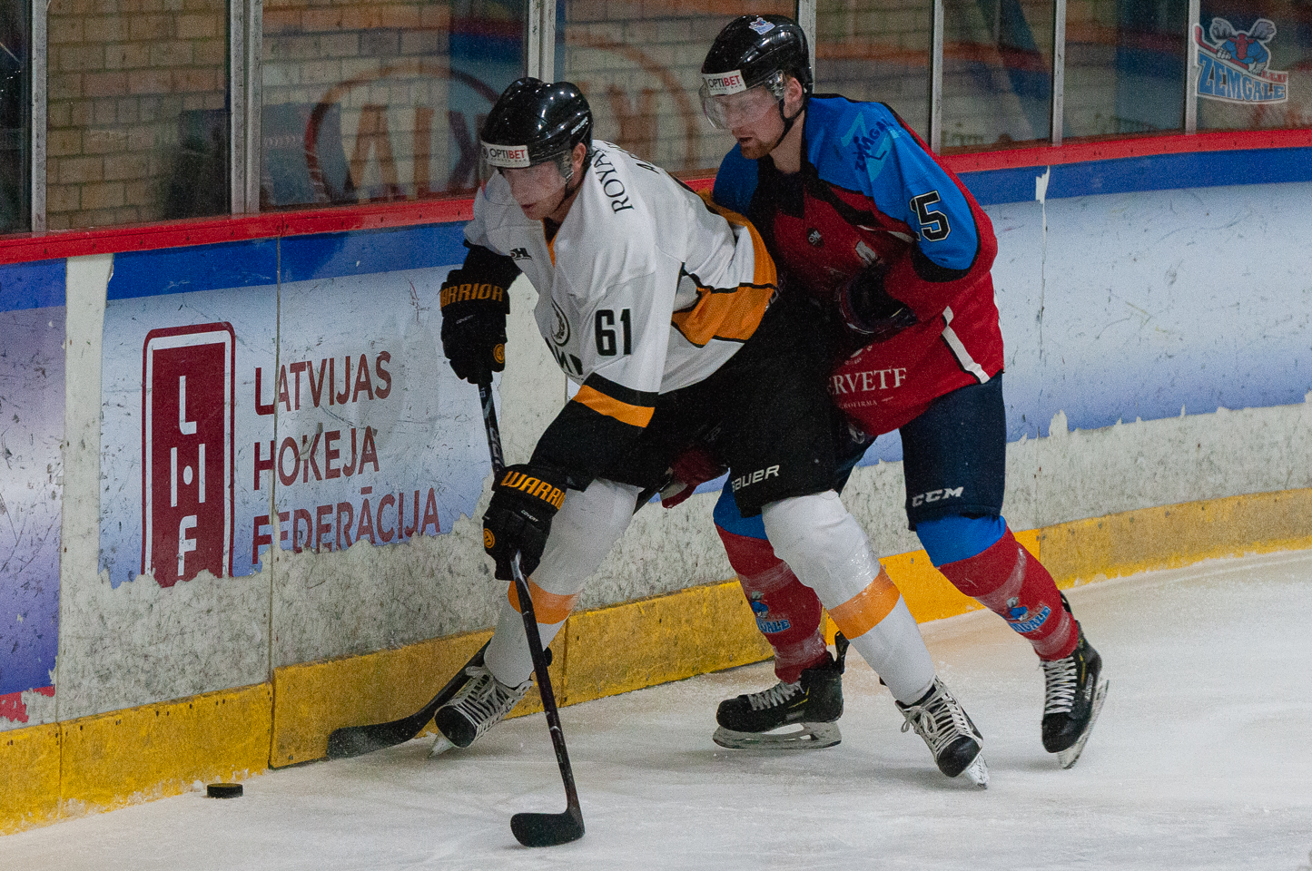Zemgale/LLU - Olimo 30.10.2019. Hokejisti cīnās par ripu pie laukuma borta