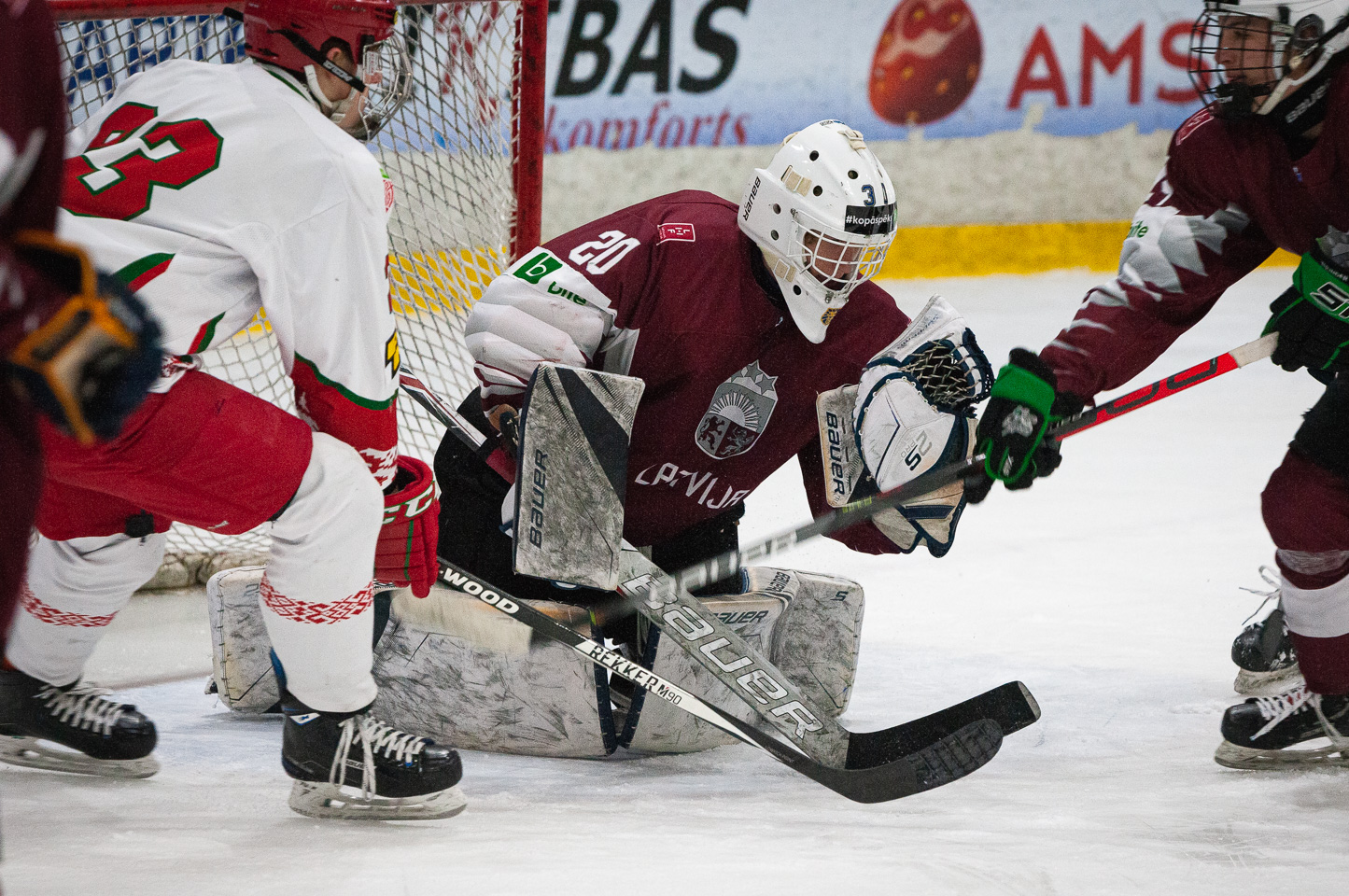 Trīs nāciju pārbaudes turnīra spēle starp Latvijas U-18 un Baltkrievijas U-18 valstsvienībā Jelgavas ledus hallē 2019. gada 14. decembrī. | Foto: Ruslans Antropovs / rusantro.com