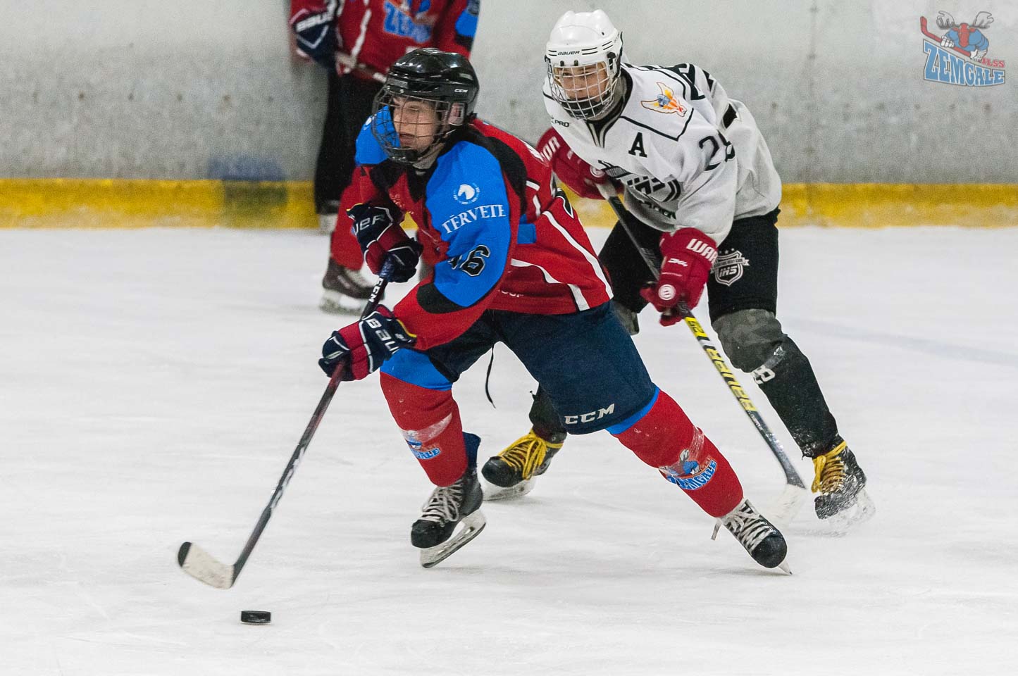Hokejists ar ripu cenšas aizskriet no sava pretinieka
